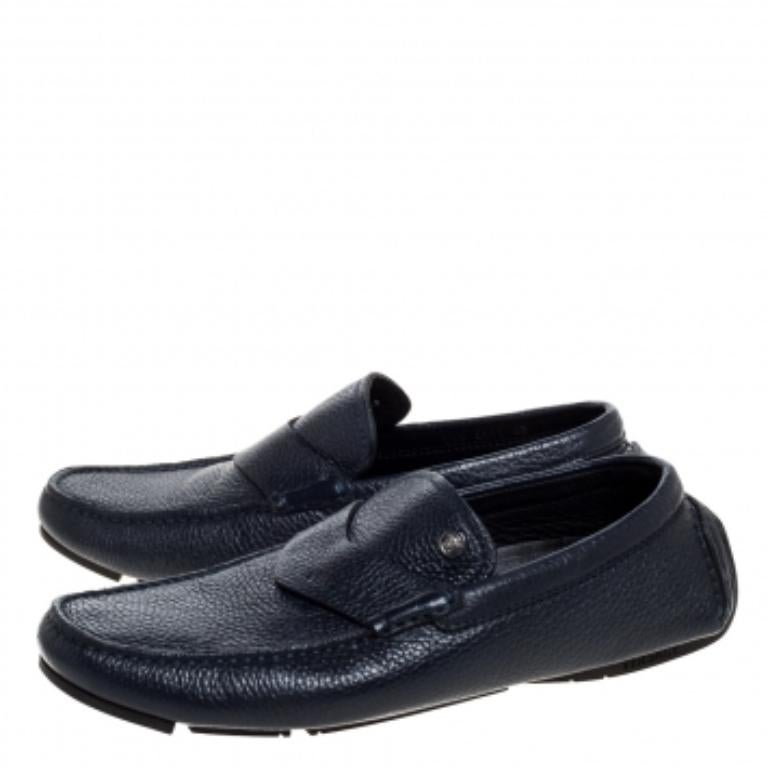 Versace Navy Blue Leather Slip On Loafers Size 40 For Sale 2