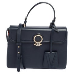 Versace Navy Blue/Orange Leather And Suede DV One Top Handle Bag