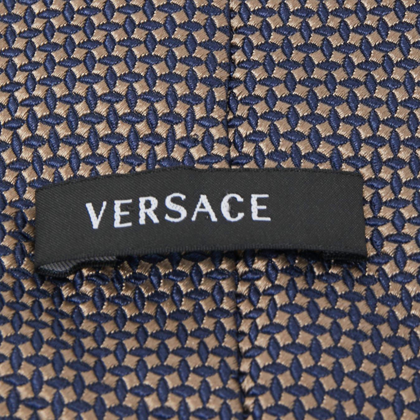 Gray Versace Navy Blue Patterned Silk Jacquard Tie For Sale