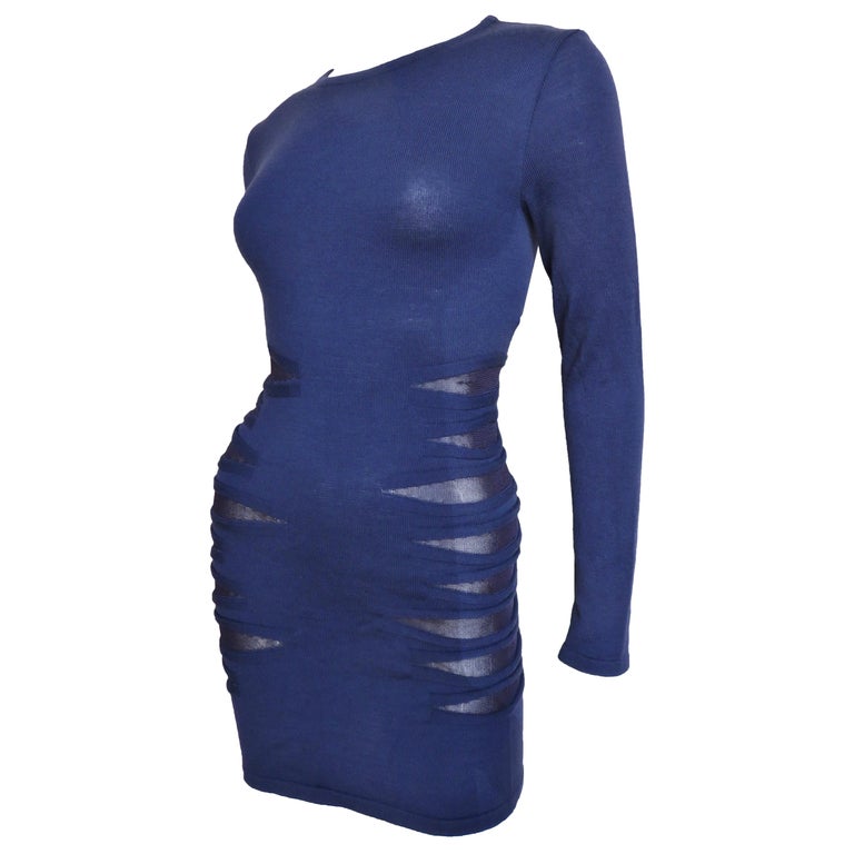 Versace Navy Bodycon Dress with Mesh Cut outs For Sale