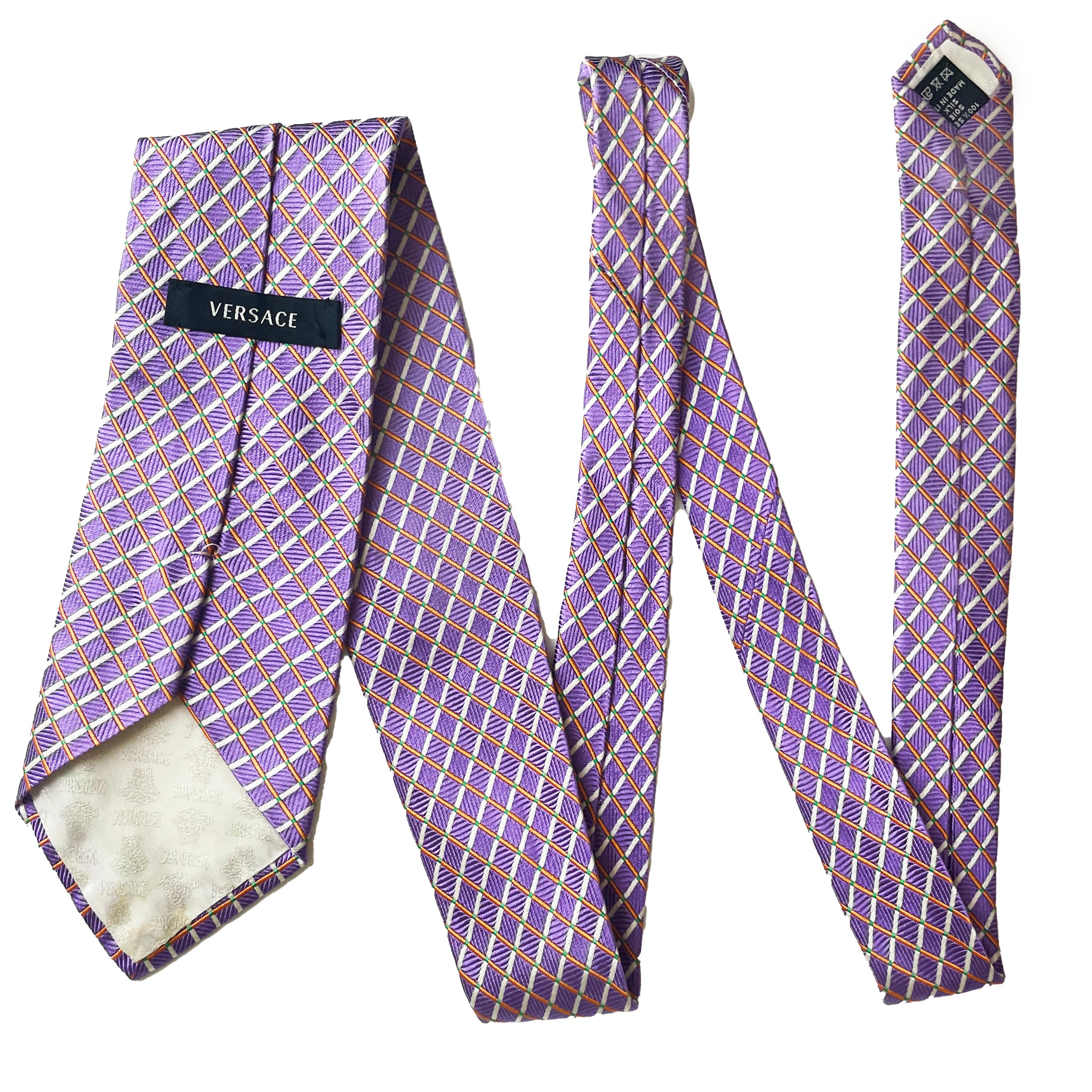 Versace Necktie Mens Silk Abstract Purple White Geometric Y2K Rare  For Sale 1
