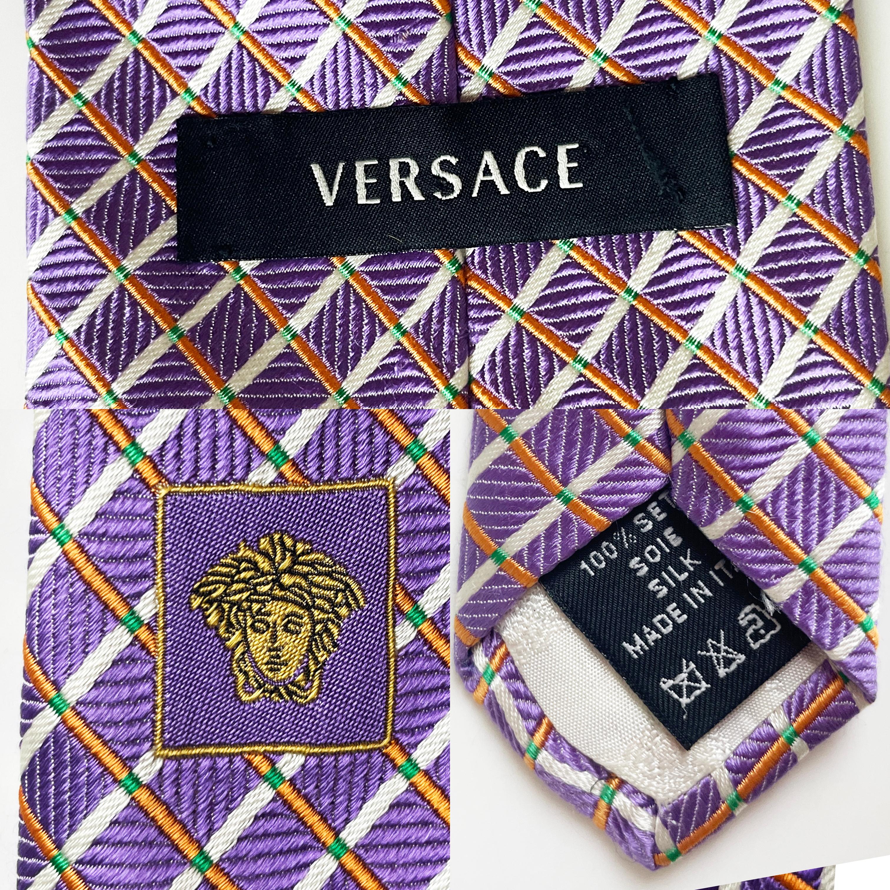 Versace Necktie Mens Silk Abstract Purple White Geometric Y2K Rare  For Sale 2