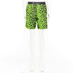 VERSACE neon green black leopard print black logo waistband swim trunks Sz4
