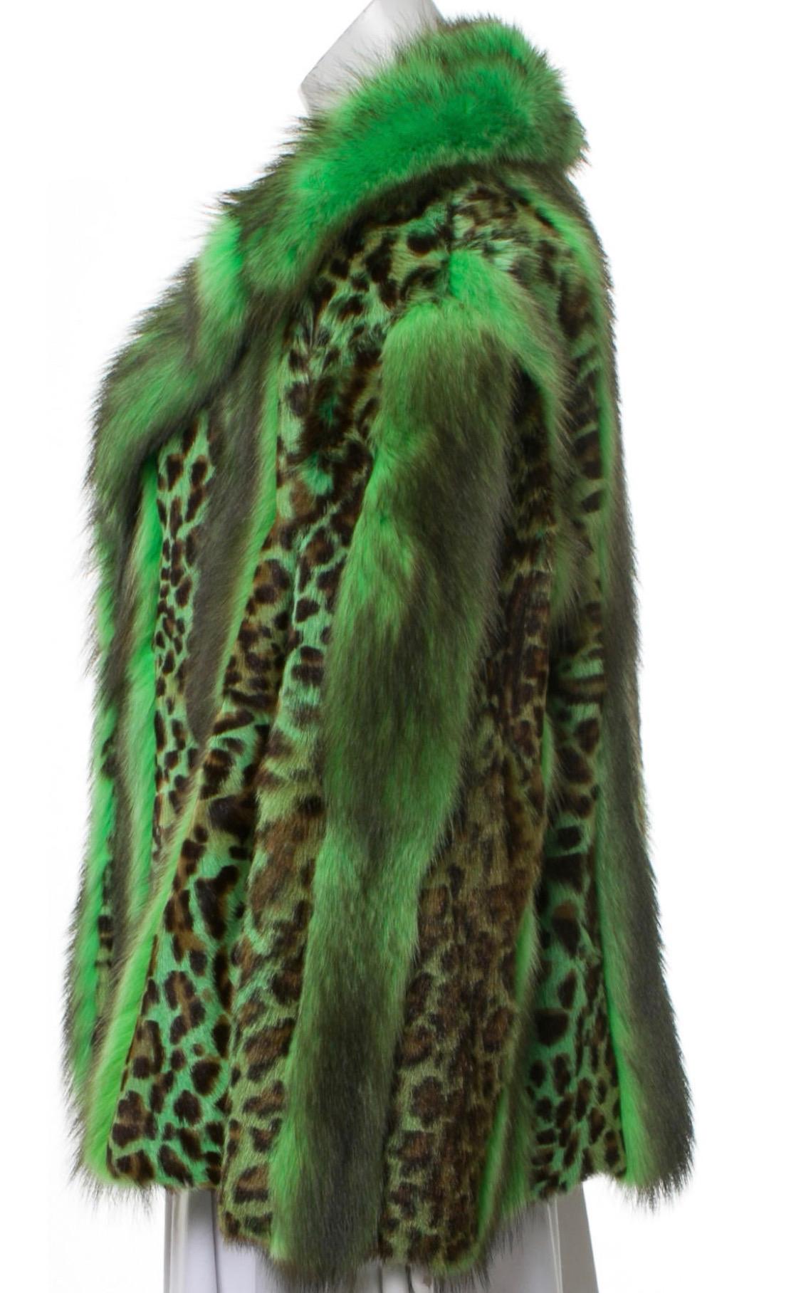 Versace Neon Green Leopard Print Goat Fur Inarsia Jacket.
This is so good. More photos to follow.
 Swing style coat with wonderful generous proportions.
Leopard print fur is sheared close interspaced with long curly goat fur .
The pelts are
