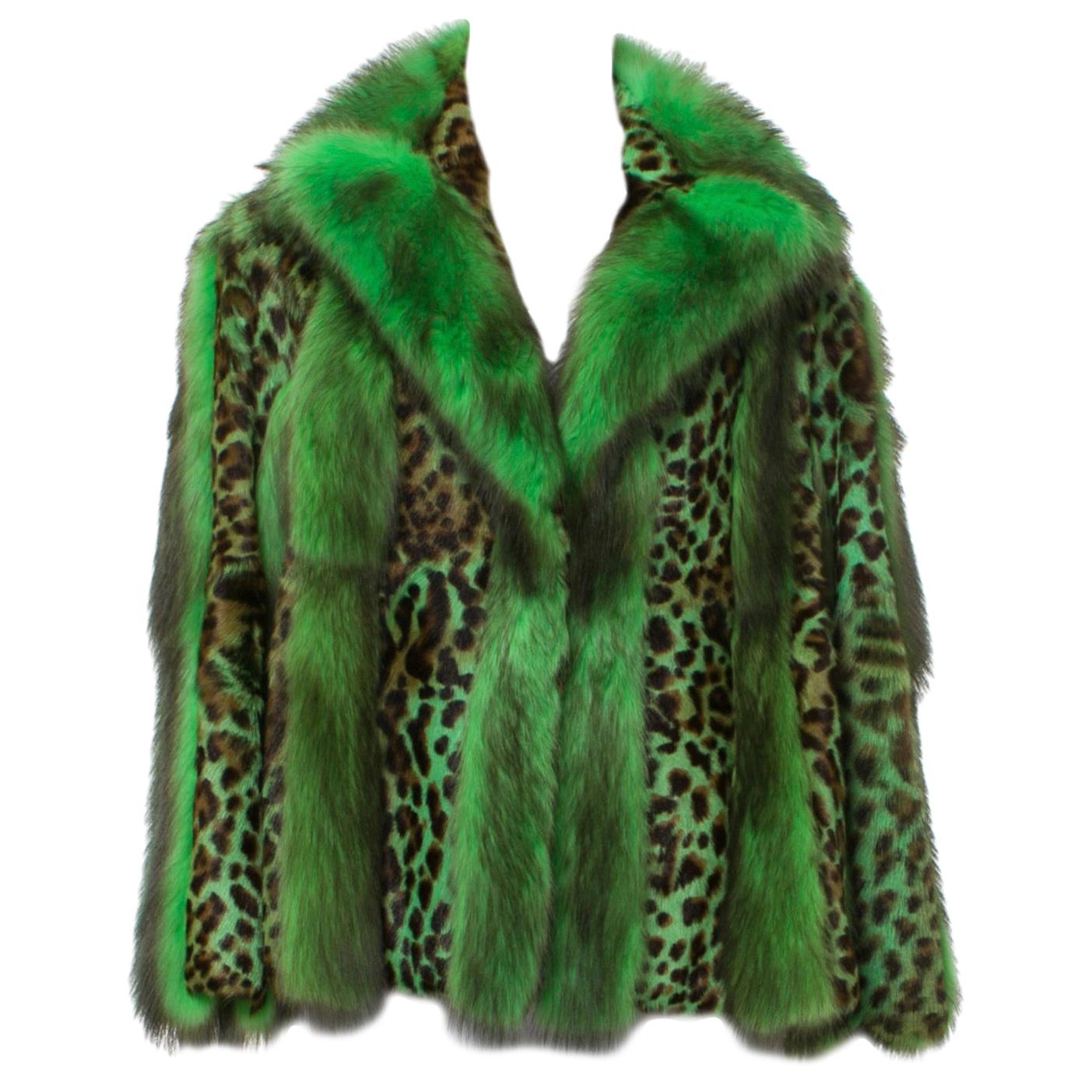 Versace Neon Green Leopard Print Goat Fur Inarsia Jacket For Sale