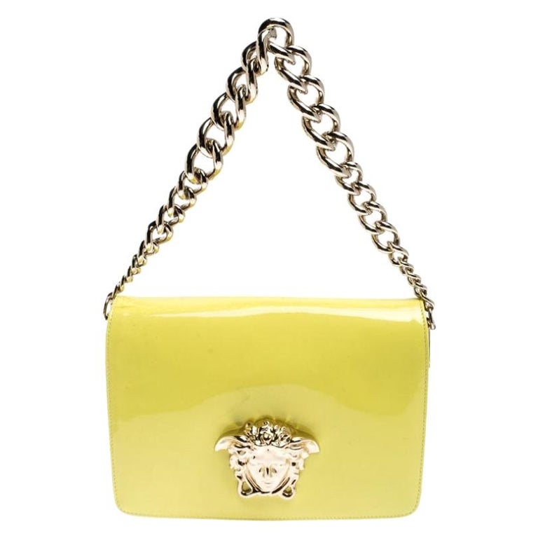 Versace Neon Yellow Patent Leather Medusa Palazzo Shoulder Bag For Sale