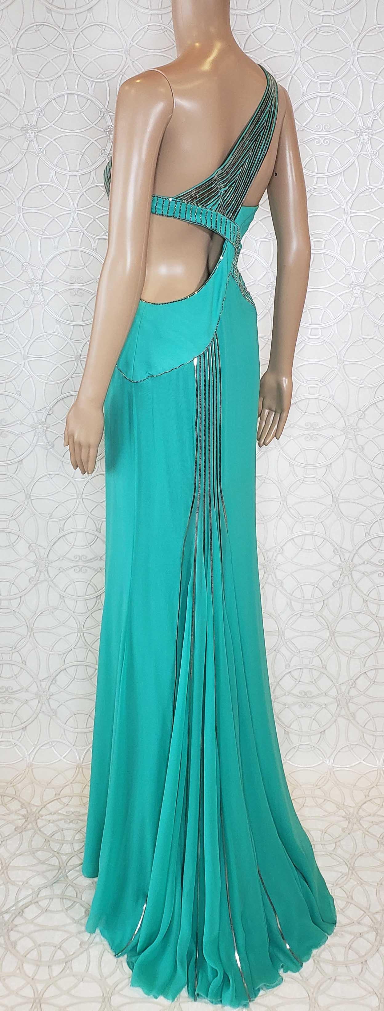 S/2010 L# 46 VERSACE AQUAMARINE EMBELLISHED ONE SHOULDER LONG DRESS Gown 40, 42 In New Condition For Sale In Montgomery, TX