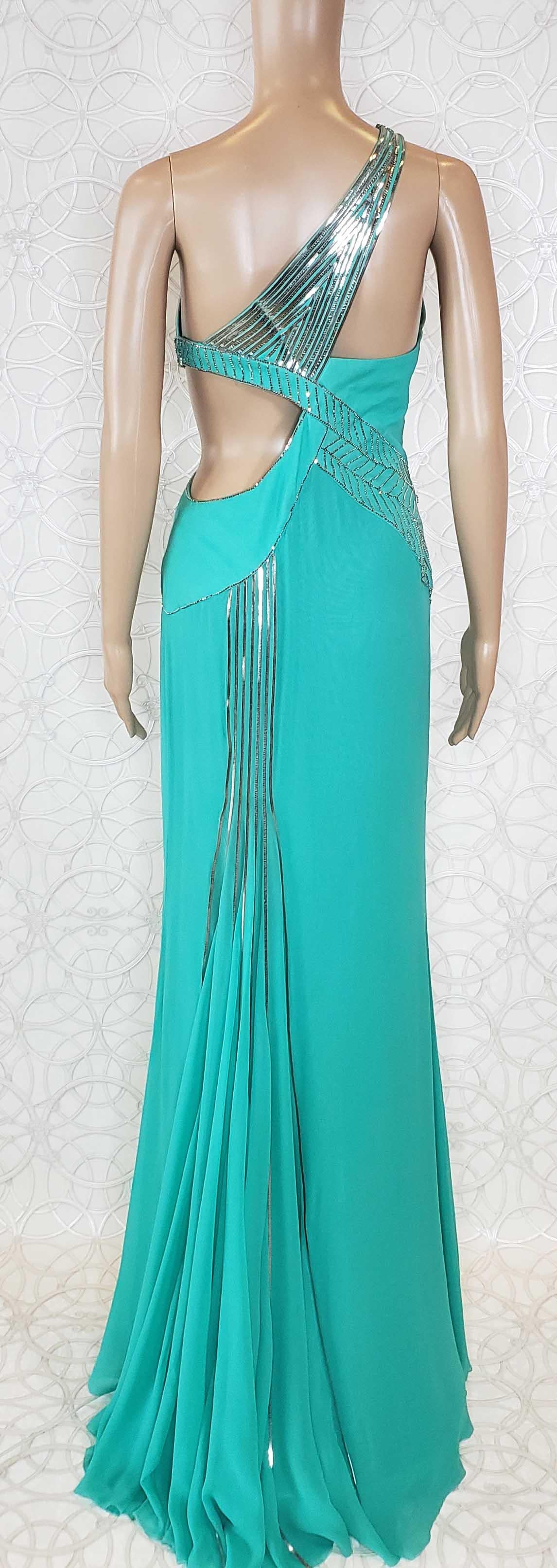 Women's S/2010 L# 46 VERSACE AQUAMARINE EMBELLISHED ONE SHOULDER LONG DRESS Gown 40, 42 For Sale
