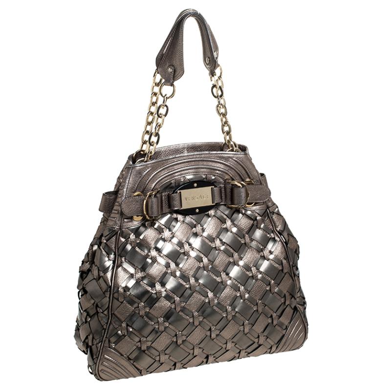 Versace Nickel Olive Woven PVC and Leather Chain Shoulder Bag In Good Condition In Dubai, Al Qouz 2