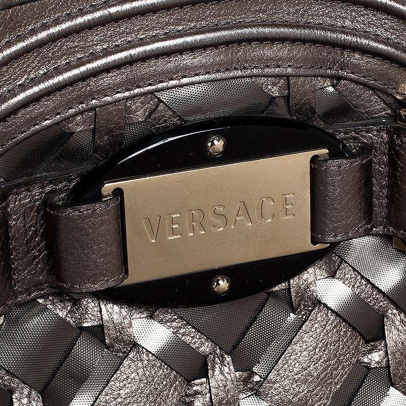 Versace Nickel Olive Woven PVC and Leather Chain Shoulder Bag 4