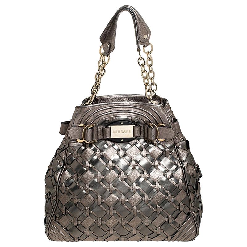 Versace Nickel Olive Woven PVC and Leather Chain Shoulder Bag