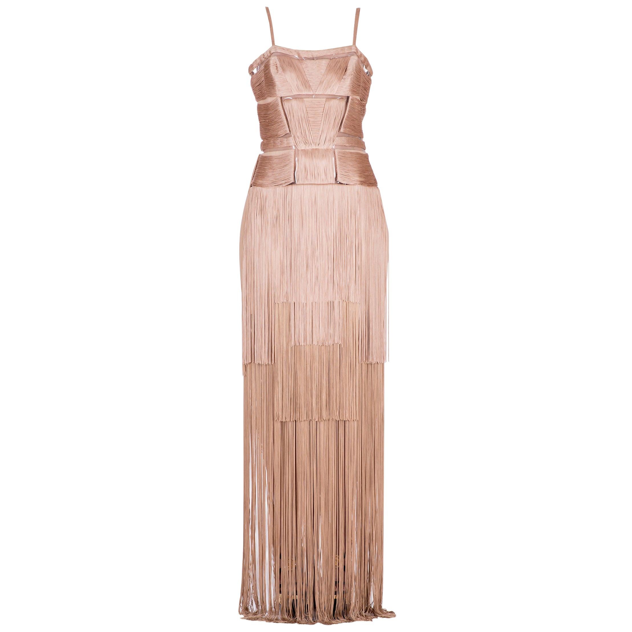 Versace Nude Fringe Gown as seen on Donatella For Sale at 1stDibs | versace  silk nudes, versace fringe dress, donatella beads