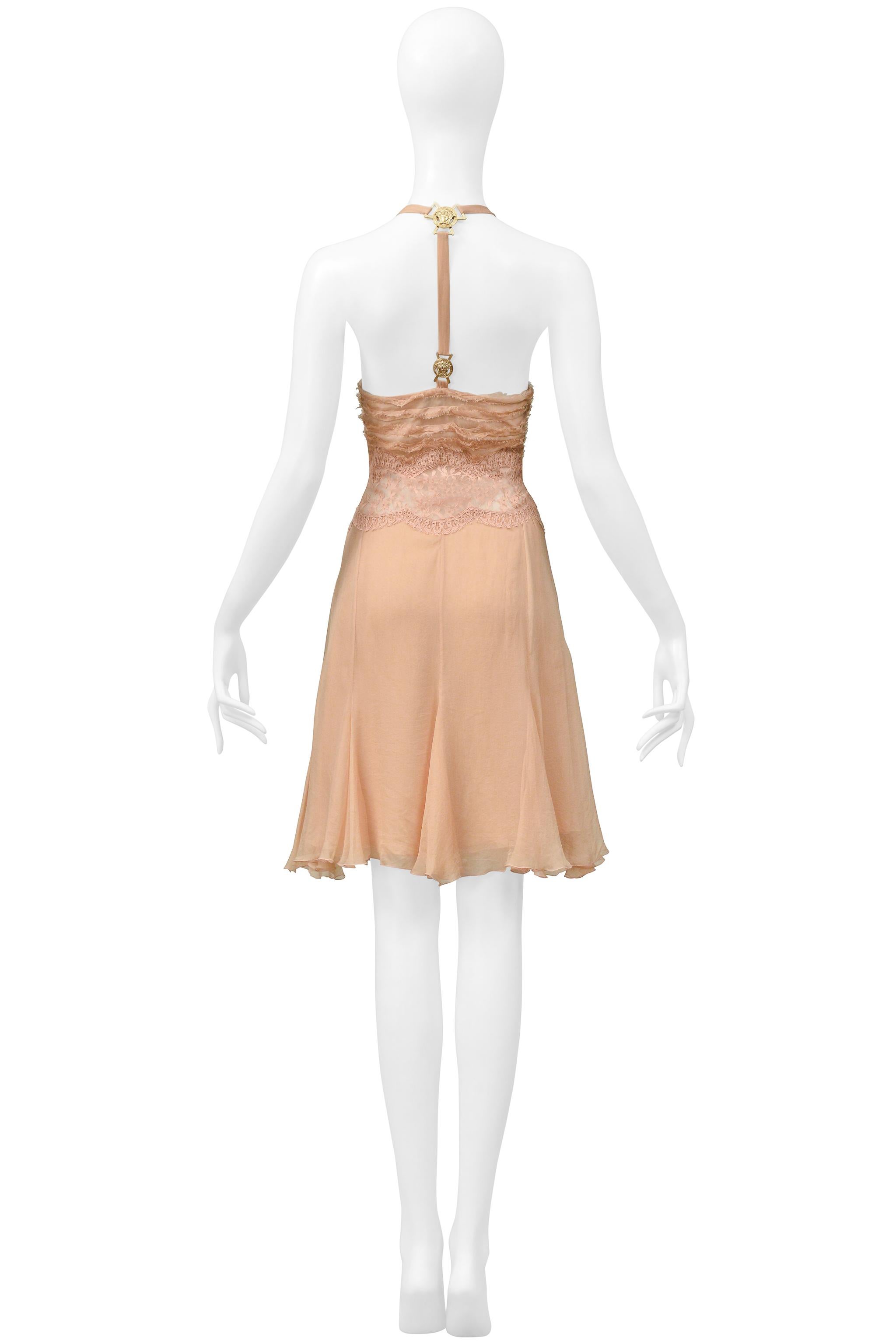 Versace Nude Pink Silk & Lace Slip Dress With Gold Medusa Hardware 2005 For Sale 5