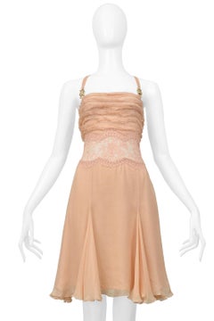 Versace Nude Pink Silk & Lace Slip Dress With Gold Medusa Hardware 2005