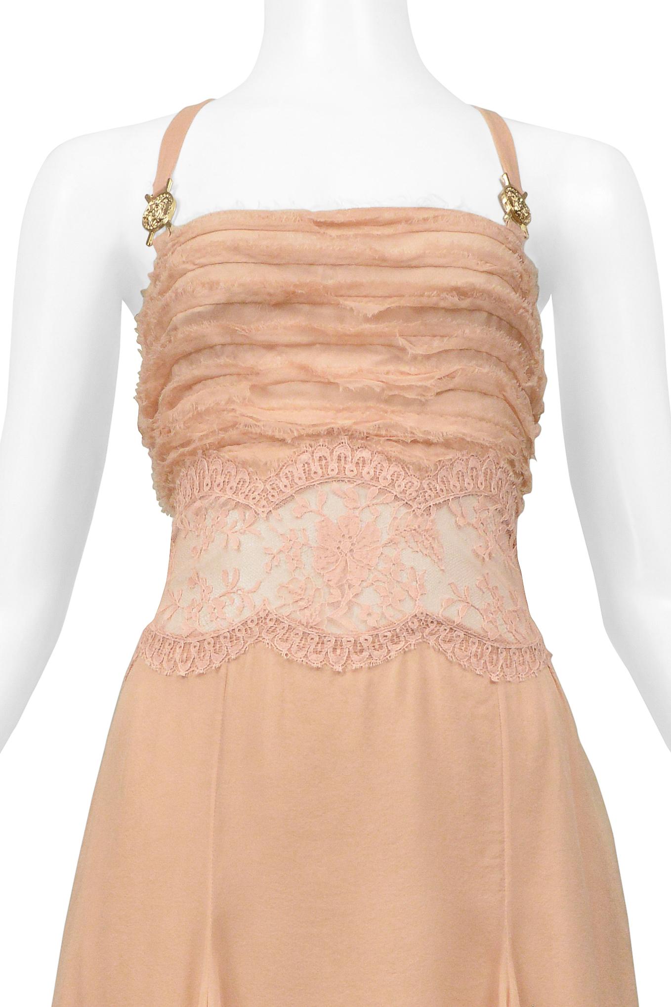 Women's Versace Nude Pink Silk & Lace Slip Dress With Gold Medusa Hardware 2005 For Sale