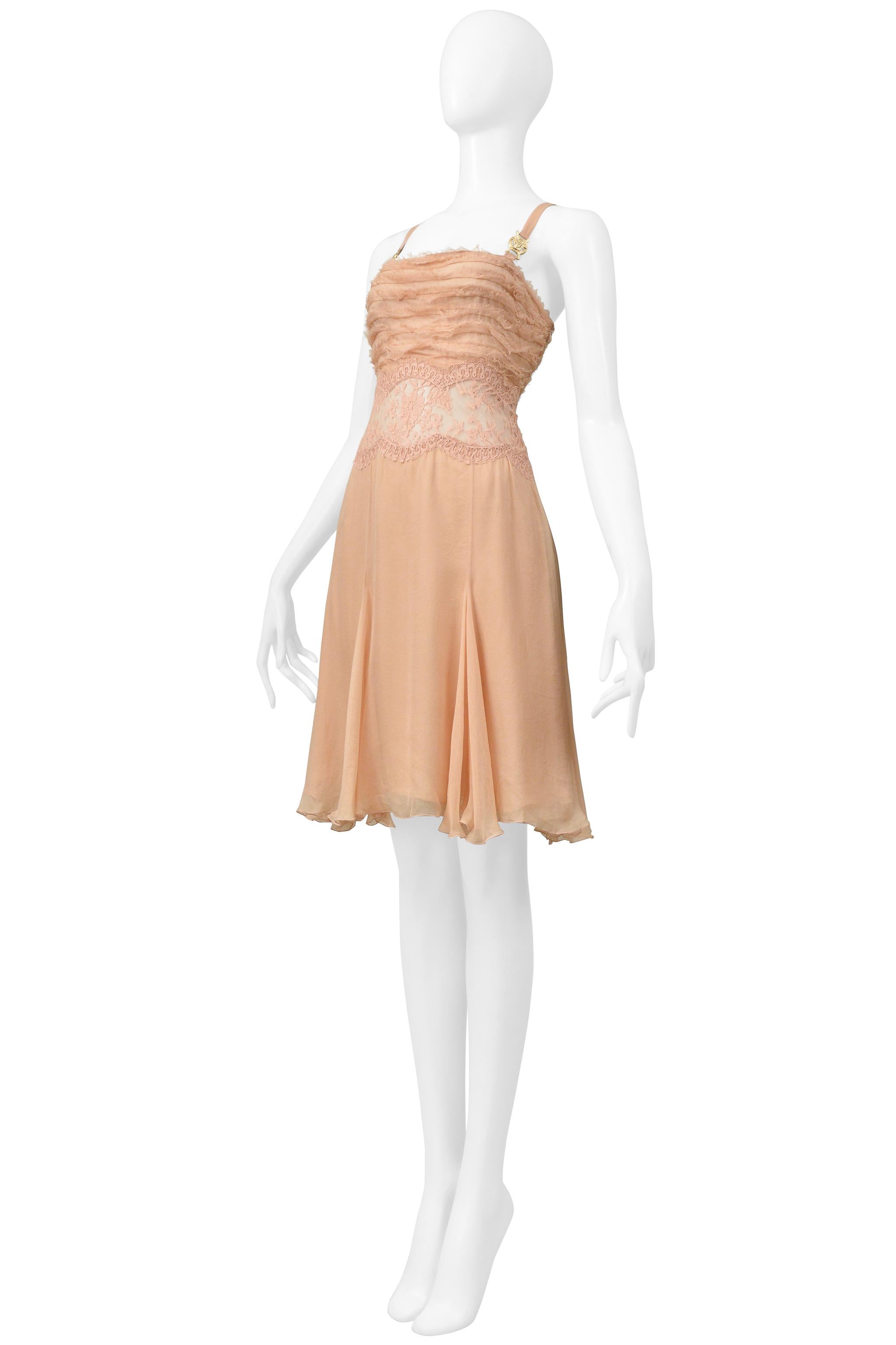 Versace Nude Pink Silk & Lace Slip Dress With Gold Medusa Hardware 2005 For Sale 1