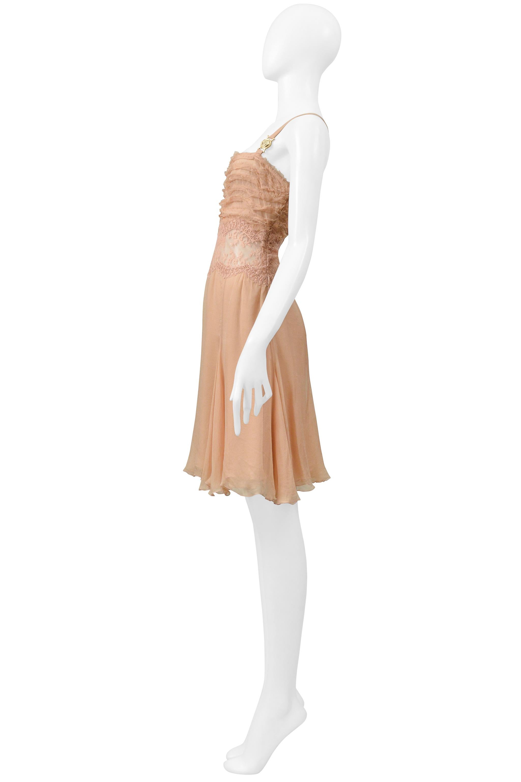 Versace Nude Pink Silk & Lace Slip Dress With Gold Medusa Hardware 2005 For Sale 3