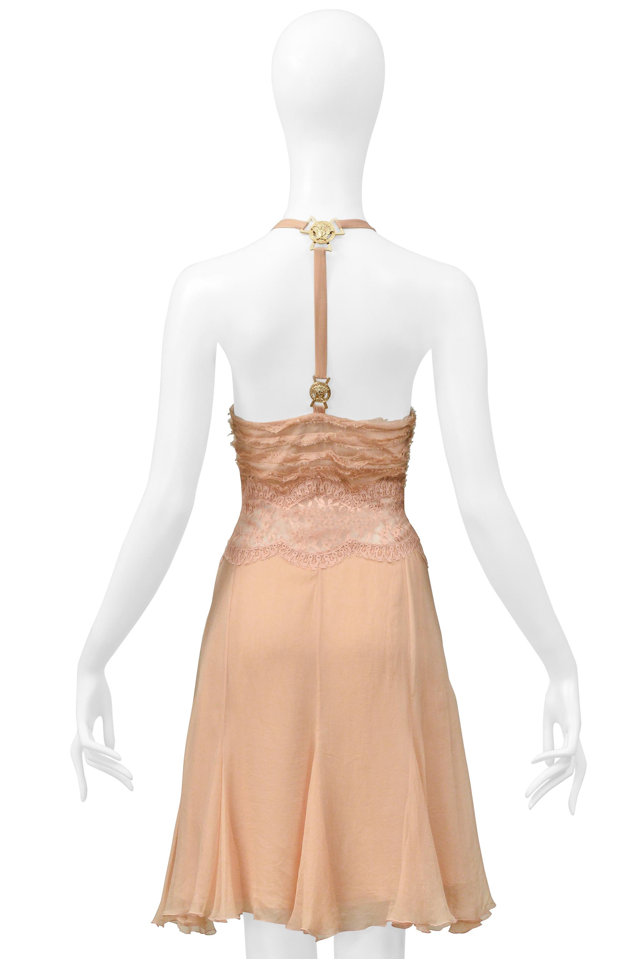 Versace Nude Pink Silk & Lace Slip Dress With Gold Medusa Hardware 2005 For Sale 4