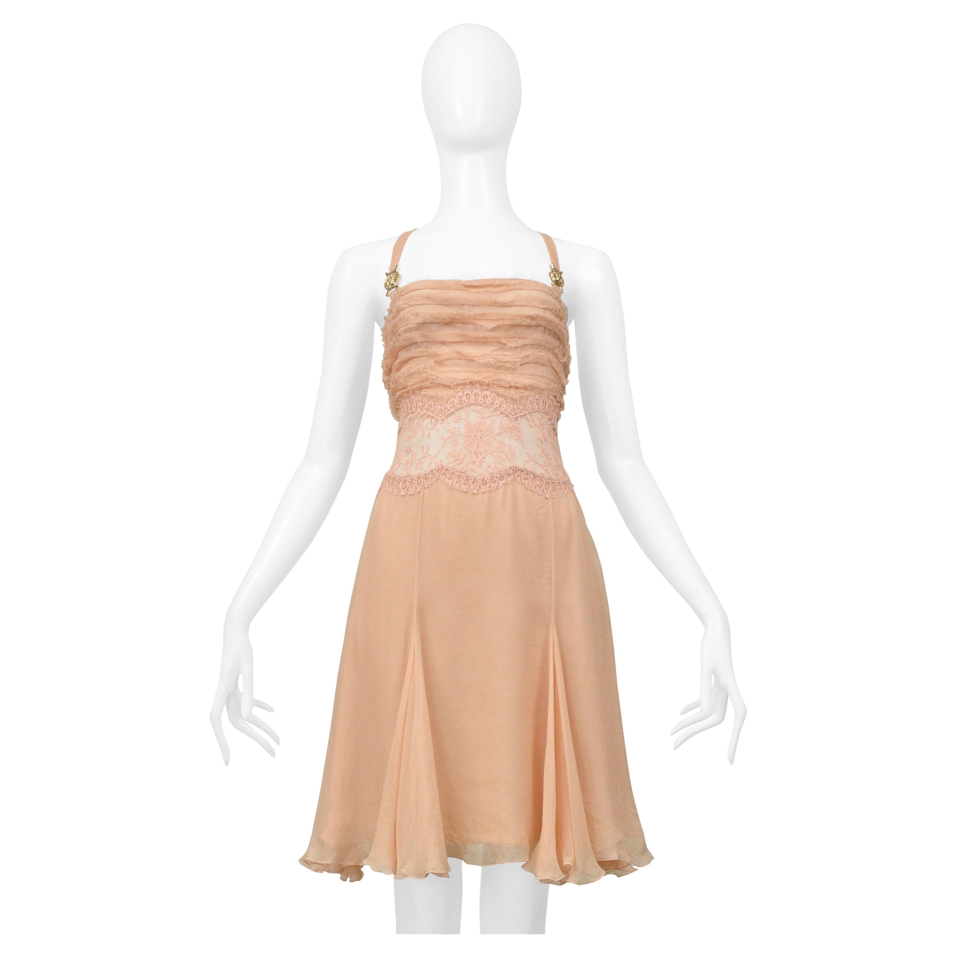 Versace Nude Pink Silk & Lace Slip Dress With Gold Medusa Hardware 2005 For Sale