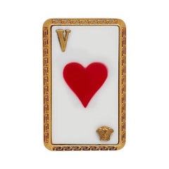 Versace Of Hearts Playing Card Gold Tone Metal Medusa & White Enamel Pin