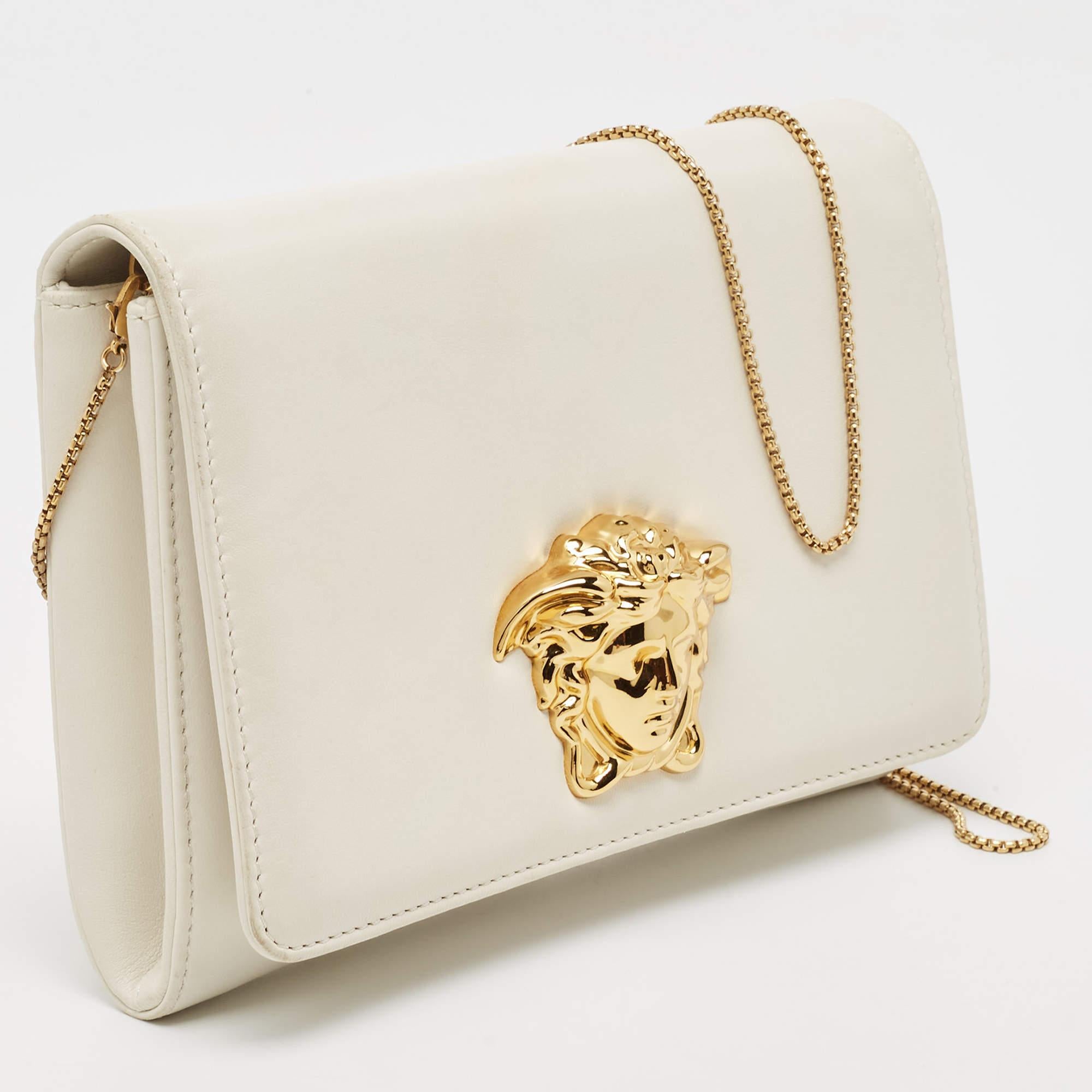 Women's Versace Off White Leather Medusa Chain Clutch