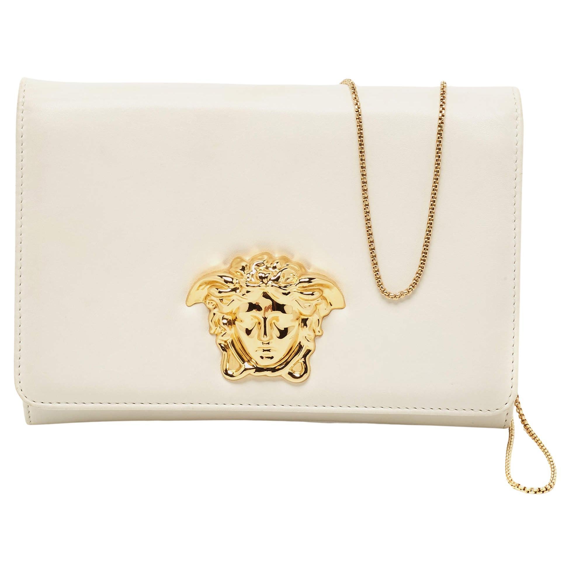 Versace Off White Leather Medusa Chain Clutch