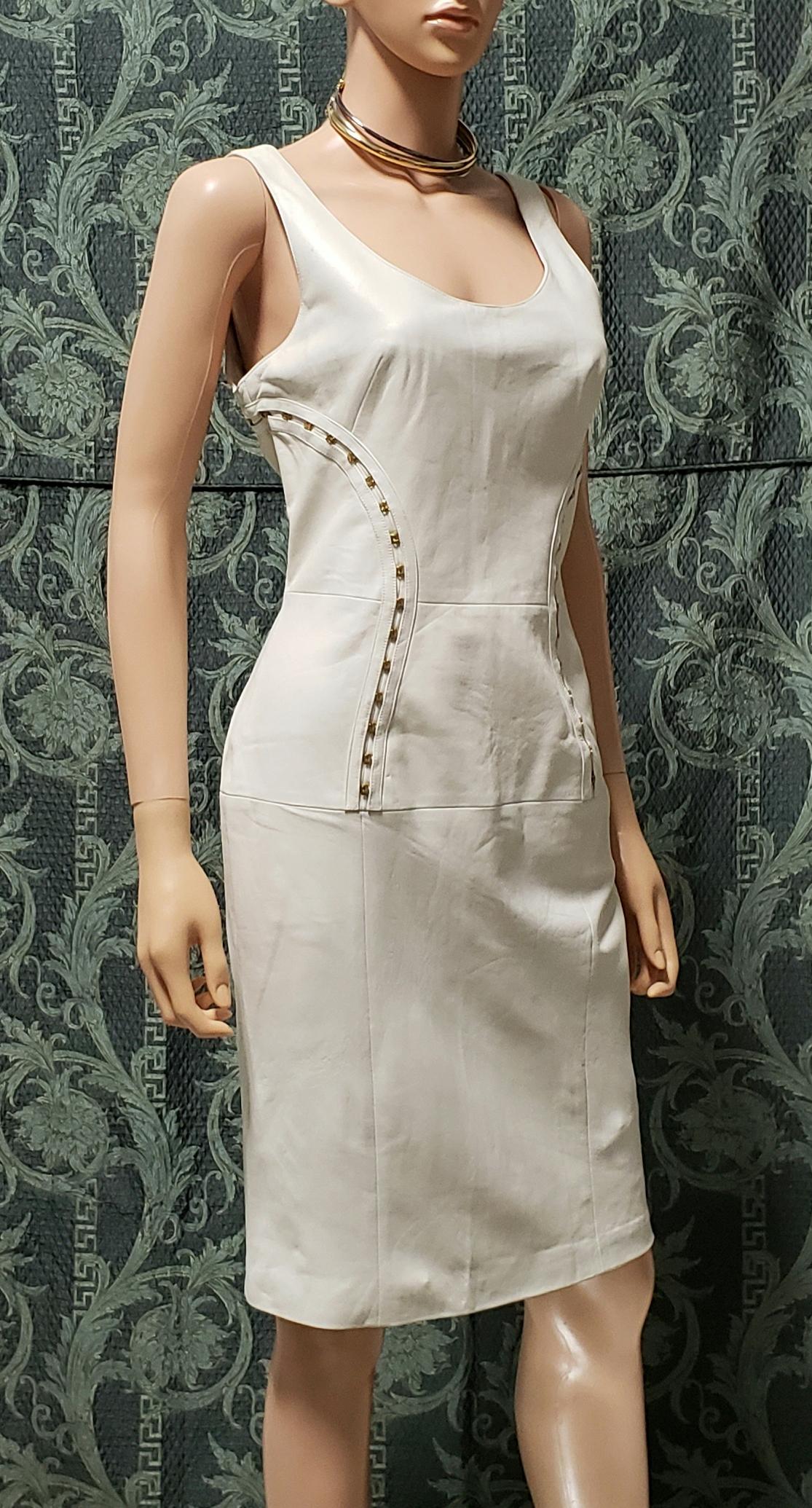 VERSACE OFF WHITE METAL HARDWARE EMBELLISHED LEATHER Dress 44 - 10 In New Condition For Sale In Montgomery, TX