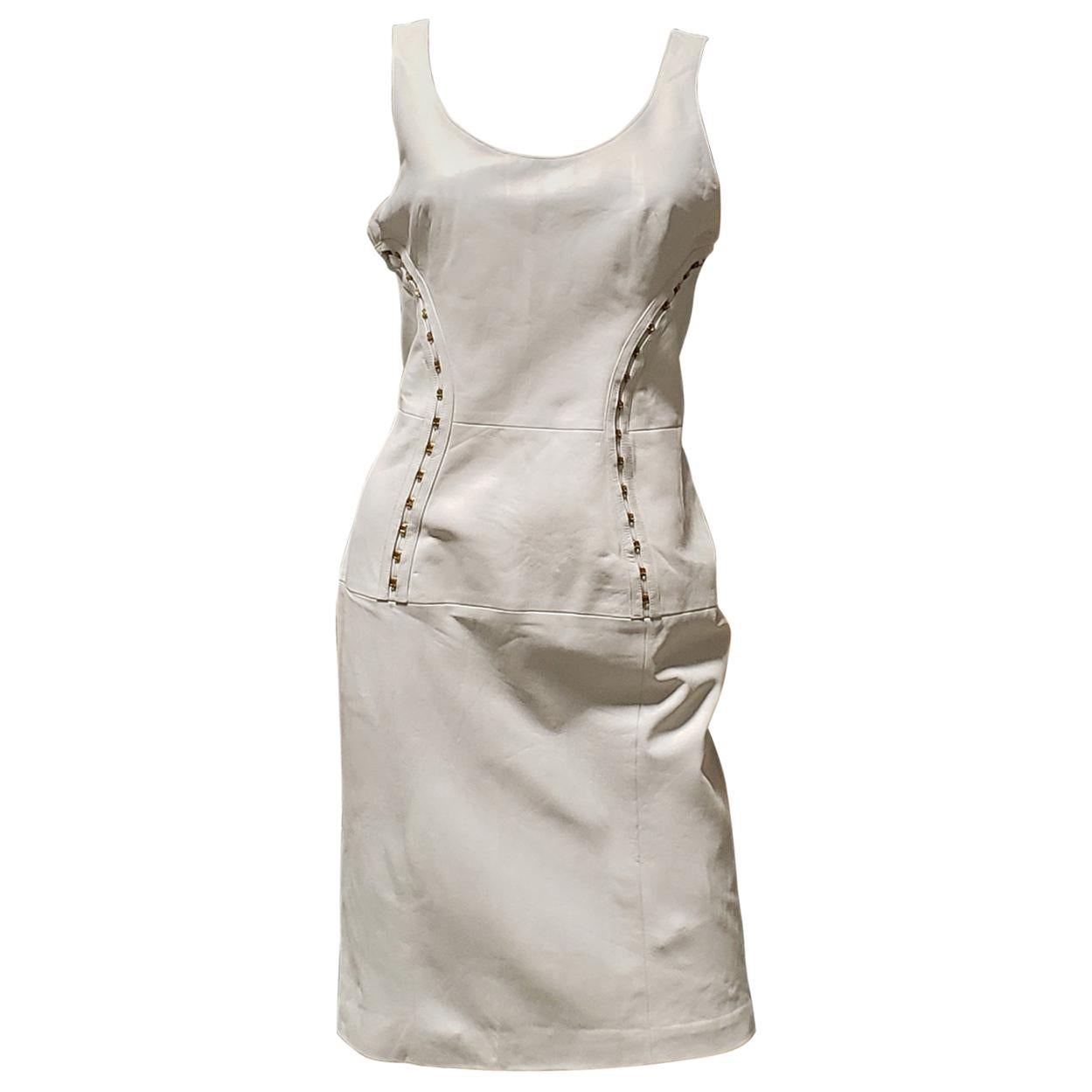 VERSACE OFF WHITE METAL HARDWARE EMBELLISHED LEATHER Dress 44 - 10 For Sale