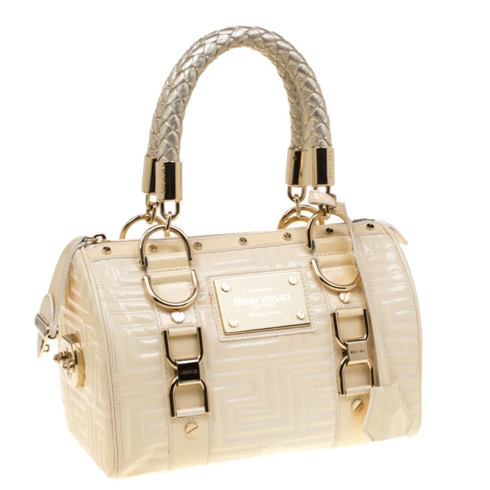 Women's Versace Off White Quilted patent Leather Small Snap Out Of It Satchel