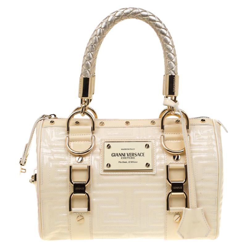 Versace Off White Quilted patent Leather Small Snap Out Of It Satchel