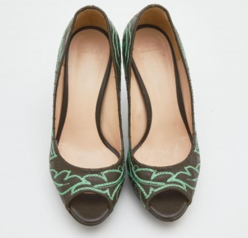 Black Versace Olive Brown Embroidered Leather Peep Toe Platform Pumps Size 36