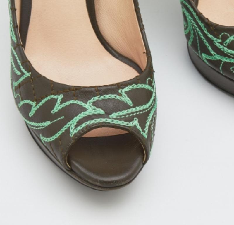 Women's Versace Olive Brown Embroidered Leather Peep Toe Platform Pumps Size 36