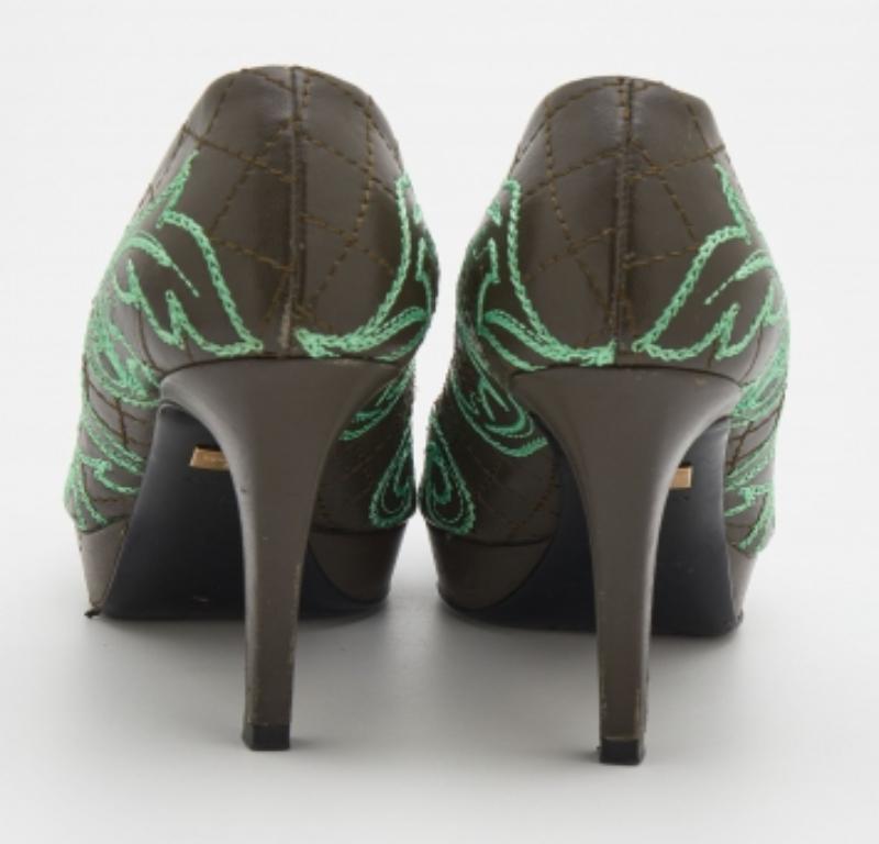 Versace Olive Brown Embroidered Leather Peep Toe Platform Pumps Size 36 1