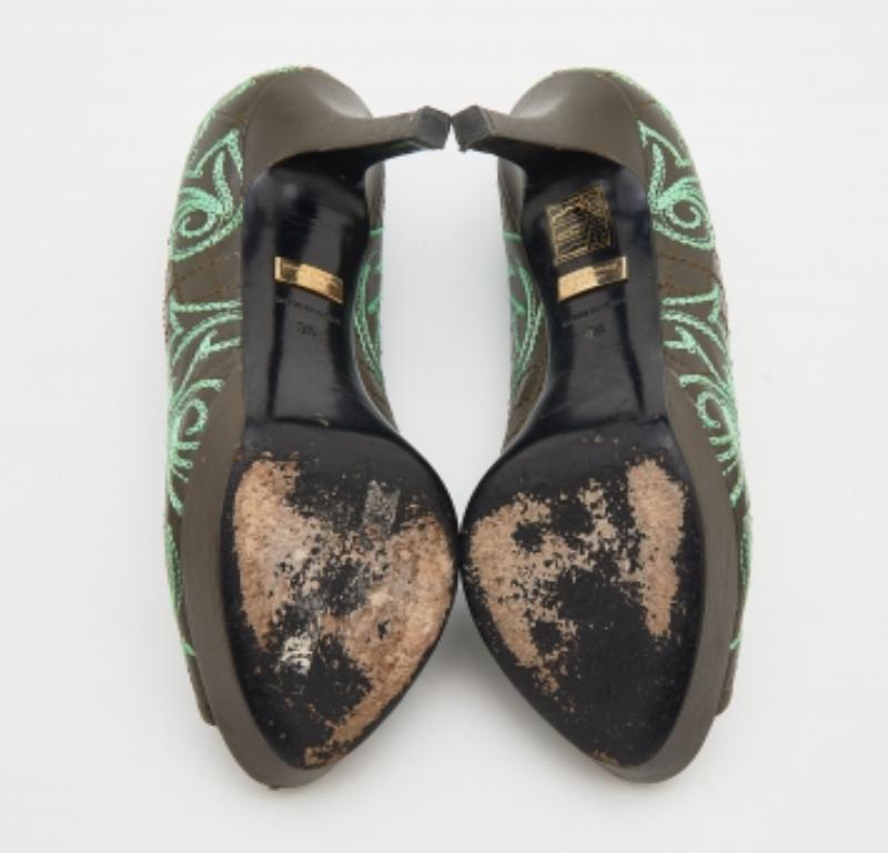 Versace Olive Brown Embroidered Leather Peep Toe Platform Pumps Size 36 2