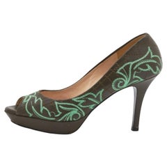 Versace Olive Brown Embroidered Leather Peep Toe Platform Pumps Size 36