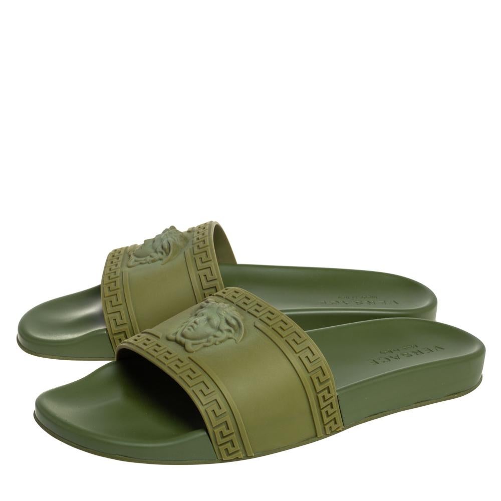 Men's Versace Olive Green Rubber Medusa Slip On Sandal Size 45