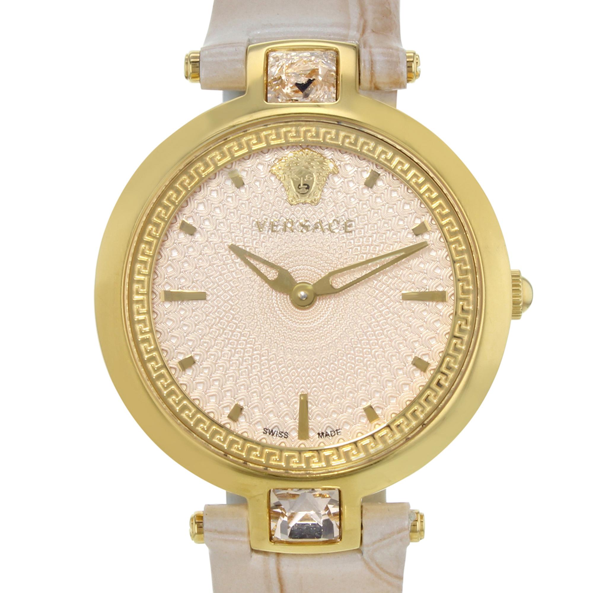 This pre-owned Versace Olympo VAN050016 is a beautiful Ladie's timepiece that is powered by quartz (battery) movement which is cased in a stainless steel case. It has a round shape face,  dial and has hand sticks style markers. It is completed with