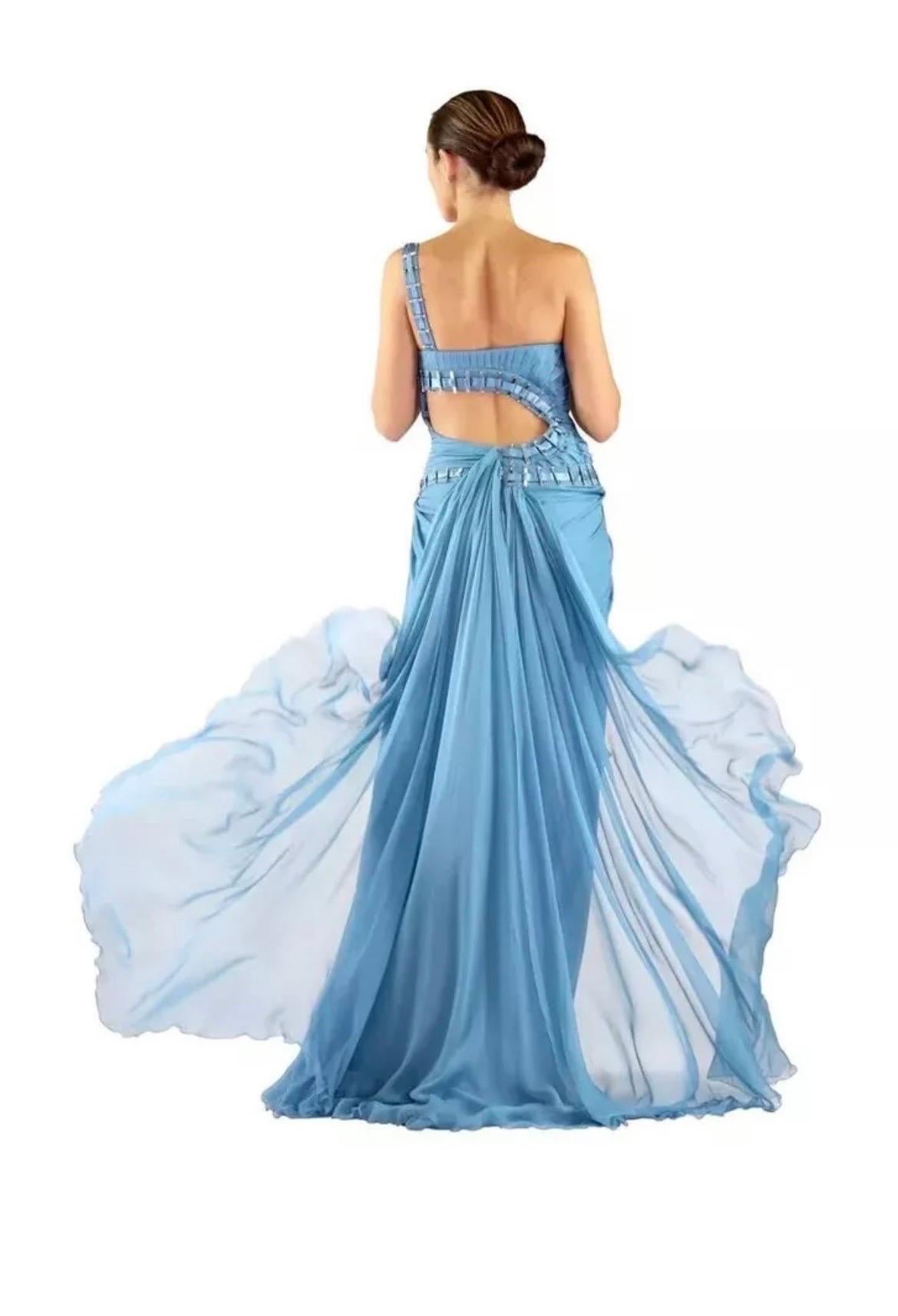 Versace One Shouler Blue Silk Gown a Seen on Donatella 38 -2 5