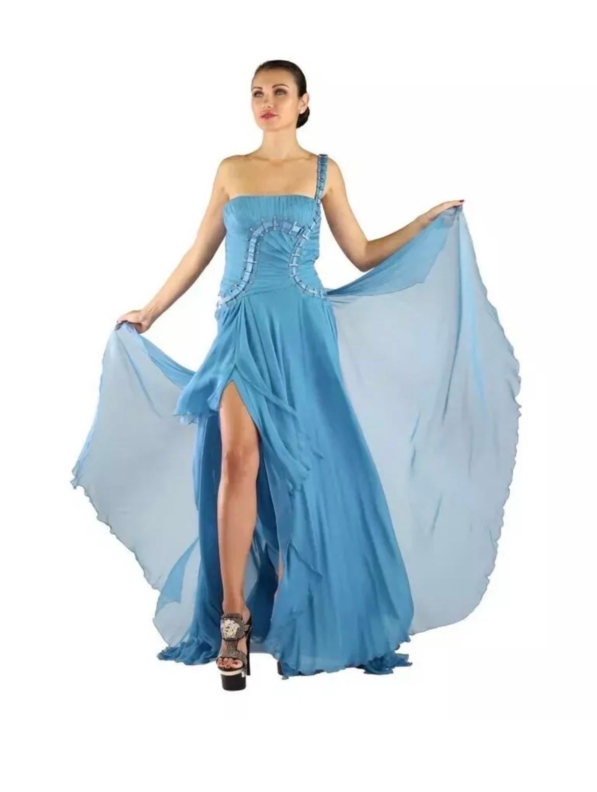 Versace One Shouler Blue Silk Gown a Seen on Donatella 38 -2 7