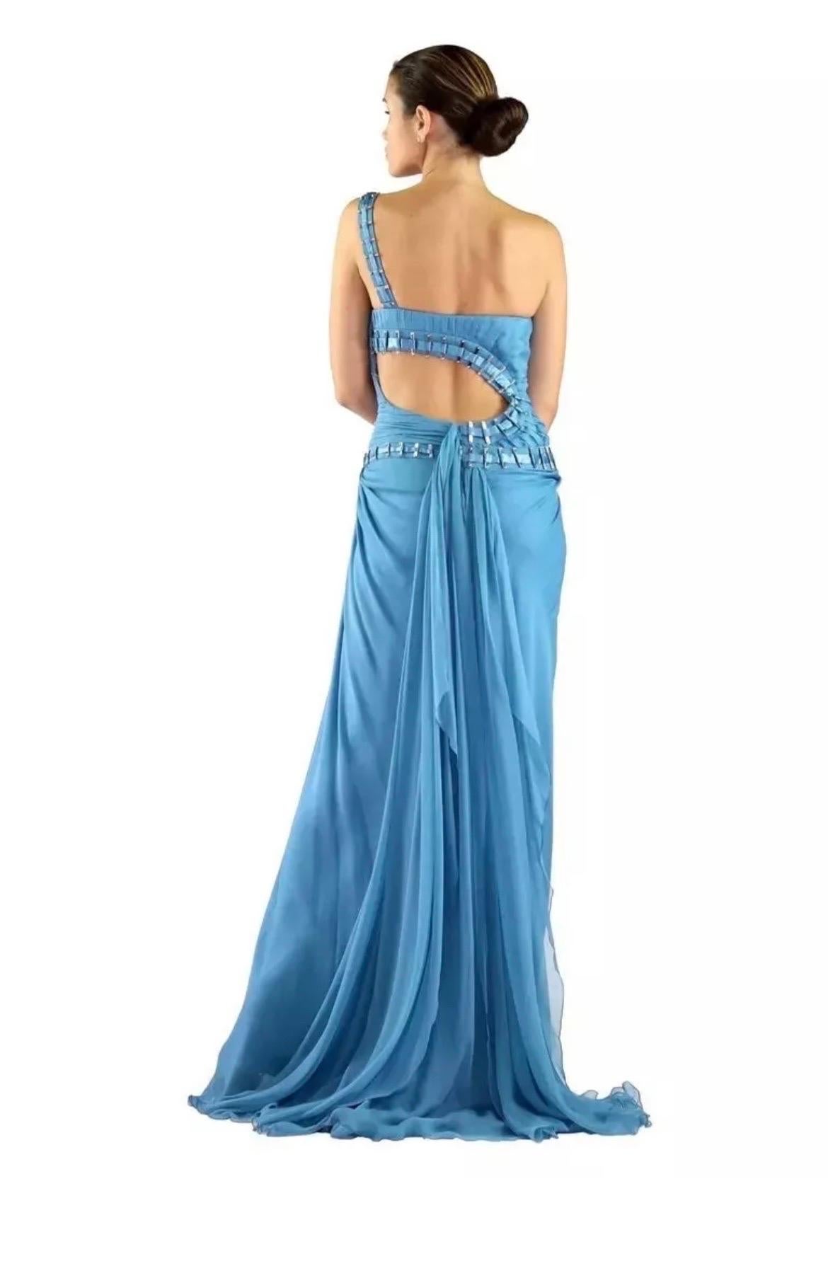 Versace One Shouler Blue Silk Gown a Seen on Donatella 38 -2 In New Condition In Montgomery, TX