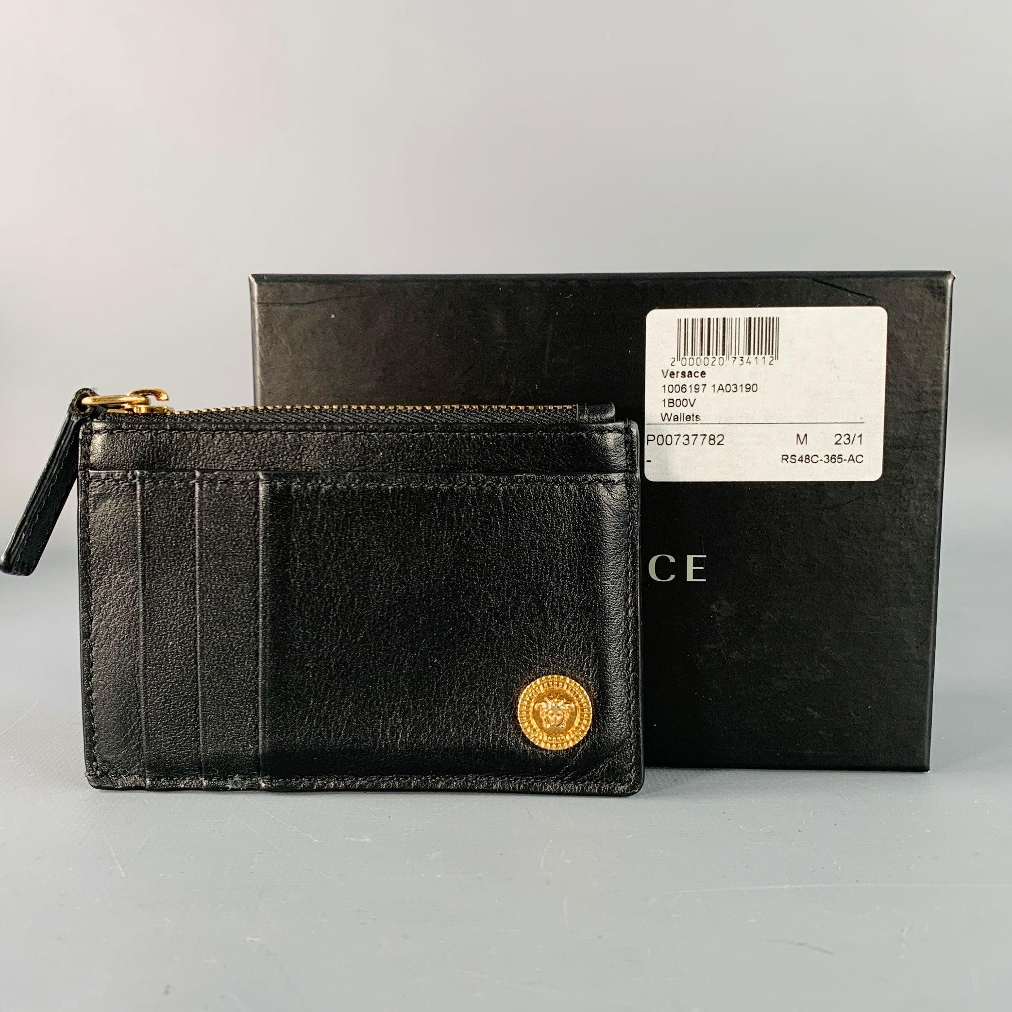 VERSACE Porte-cartes en cuir noir et doré, taille unique Bon état - En vente à San Francisco, CA