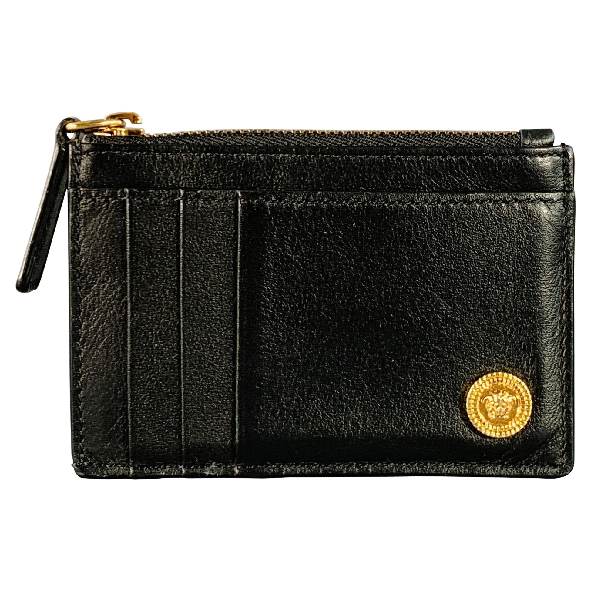 VERSACE Porte-cartes en cuir noir et doré, taille unique en vente