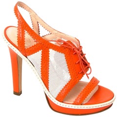 Versace Orange And White Canvas Leather Heeled Sandals - Size 38
