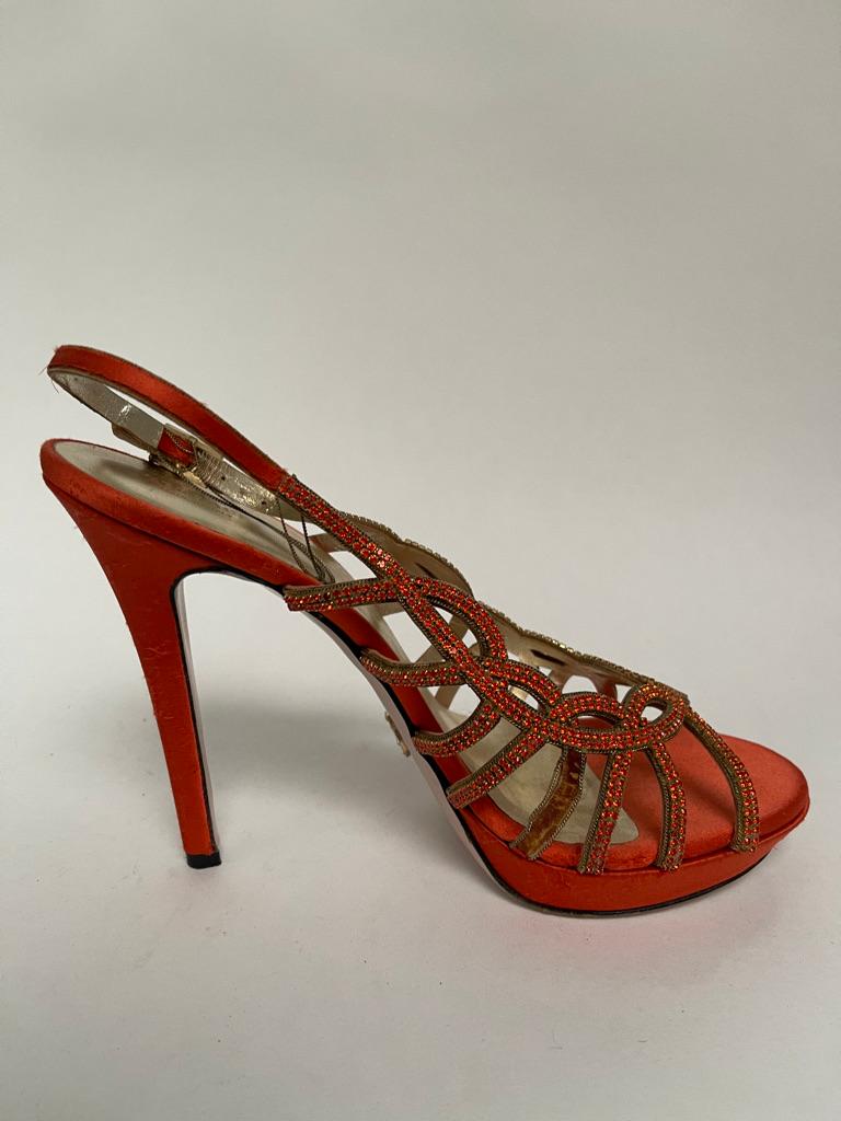 Versace orange crystal sandal In Fair Condition For Sale In New York, NY