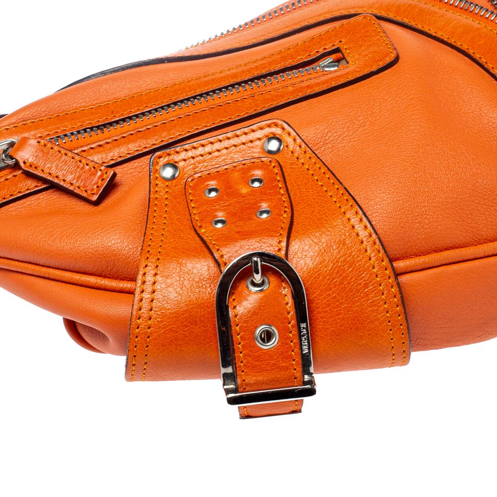Versace Orange Leather Double Pocket Zip Hobo 3