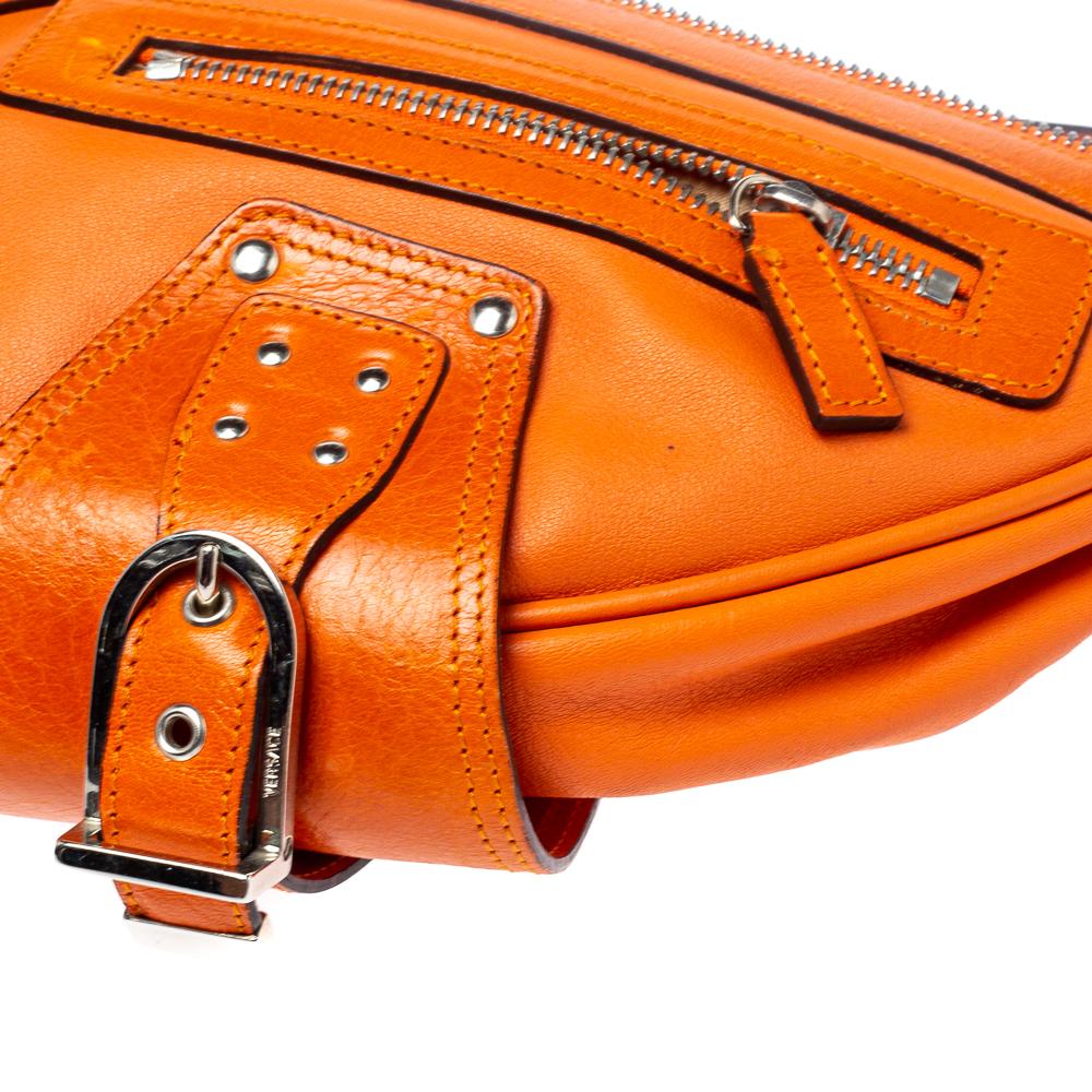 Versace Orange Leather Double Pocket Zip Hobo In Fair Condition In Dubai, Al Qouz 2