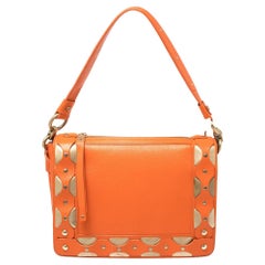 Used Versace Orange Leather Studded Flap Shoulder Bag