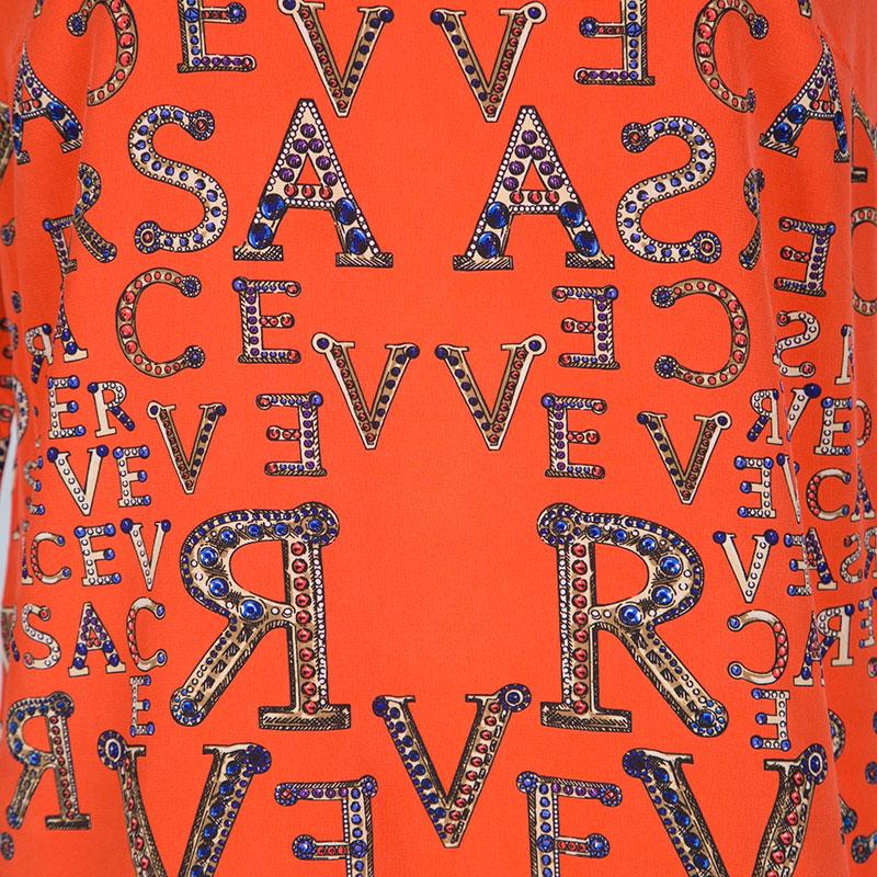 Red Versace Orange Logo Alphabet Printed Silk Long Sleeve Shift Dress M
