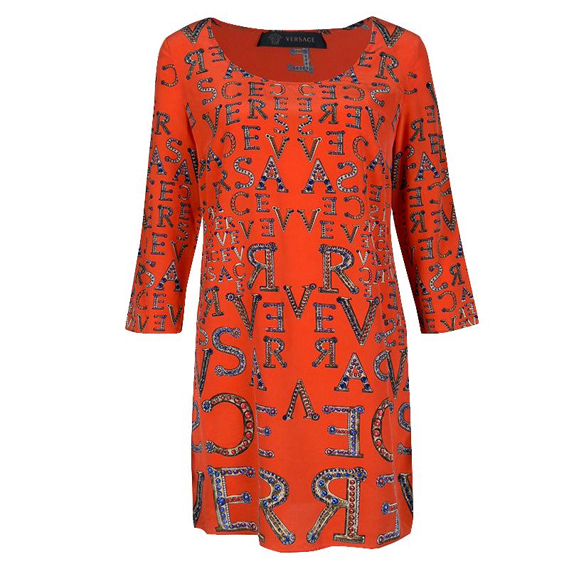 Versace Orange Logo Alphabet Printed Silk Long Sleeve Shift Dress M