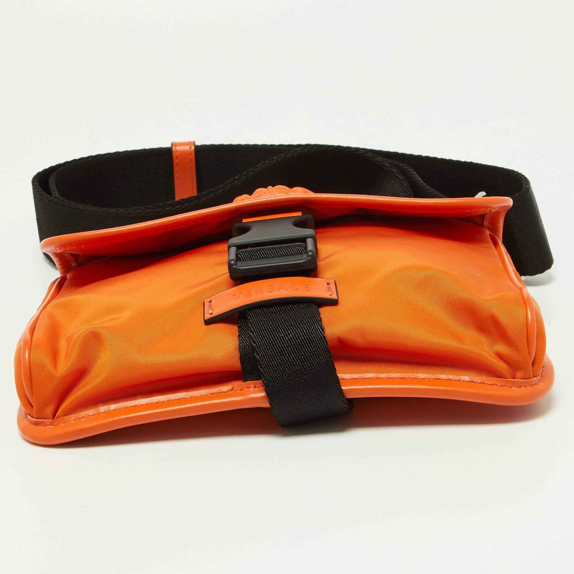 Versace Orange Nylon and Leather 'La Medusa' Messenger Bag In Excellent Condition In Dubai, Al Qouz 2
